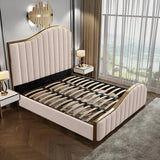 Elegant Luxury King Size Bedframe in Beige with Gas Lift Storage Velvet Fabric Golden Trim V357-STARSHINE-KING-BEIGE