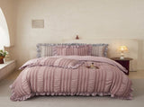 Pink Elegant Ruffle Seersucker Duvet Cover with 2PCS Pillow Shams - 3-Piece Vertical Stripe Clipped V888-ELOSUNG49362