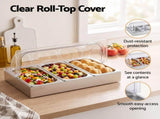 5-Star Chef 3 Pan Food Serving Display Stainless Steel with Clear Roll Top Cover FD-3PAN-LID-SS