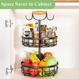 2-Tier Fruit Basket Bowl Storage with Wood Lift Handle and Dual Banana Tree Hanger for Kitchen V178-36086