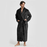 Men's Flannel Bathrobe Black XL Size - Soft Coral Fleece Hooded Kimono Collar Dressing Gown Loose V888-ELOSUNG54497