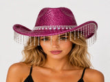 Rose Red Rhinestone Fringe Cowboy Hat - Sparkling Western Party Hat with Round Gemstone Band and V888-ELOSUNG57115-4