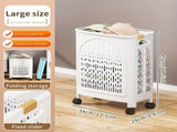 A wheeled foldable plastic laundry basket, suitable for dirty clothesnd easy to move. It features V1106-XYL001