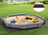 Keezi Kids Sandpit Wooden Round Sand Pit with Cover Bench Seat Beach Toys 182cm Grey SAND-OCTA-177-GR