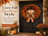 Lighted Scarecrow Fall Wreath for Front Door, Autumn Harvest Sunflower Maple Wreath and Farmhouse V1369-AZ3-W-13676