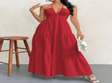 Redt XL Size Women's Elegant Halter Maxi Dress Summer Backless V-Neck Sleeveless Long Beach Resort V888-ELOSUNG41129