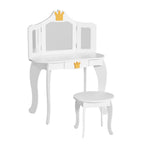 Keezi Kids Dressing Table Vanity Makeup Chair Set Wooden 3 Mirror Drawer White FURNI-C-3MIRROR-CROWN-WH