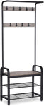 Greige and Black Steel Freestanding Coat Rack Stand with Removable Hooks, Bench and Shoe Rack, V178-11062