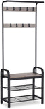 Greige and Black Steel Freestanding Coat Rack Stand with Removable Hooks, Bench and Shoe Rack, V178-11062