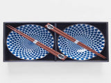 Bowl Set 2pcs with Chopsticks White Blue Teardrops Design V637-RW0022
