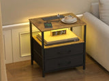 Black and Brown Nightstand with LED Light, Charging Station, and Storage - 60x40cm V178-59300
