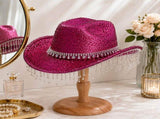 Rose Red Rhinestone Fringe Cowboy Hat - Sparkling Western Party Hat with Round Gemstone Band and V888-ELOSUNG57115-4