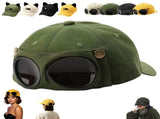 Aviator Style Baseball Cap with Integrated Goggles,Retro Pilot Style Hats Canvas Baseball Cap with V1107-922-93509-GRN