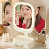 Rotatable Makeup Mirror with LED Lights, Desktop Vanity Mirror with Storage Organizer, Foldable V1366-AZ2-W-23293