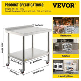 VEVOR Stainless Steel Prep Table, 30 x 24 x 35 Inch, 440lbs Load Capacity Heavy Duty Metal Worktable V952-BXGYDGZ302435N0U7V0