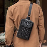Black Brown Leather Cross-Body Bag Sling Bag Crocodile Pattern Bag Travel Bag Premium V1347-127-BRO-66515