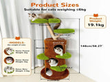 Large Multi-Level Cat Tree Tower in Green & Brown with Plush and Wood Design, 61x148cm V178-59362