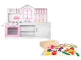 Keezi Wooden Kids Pretend Kitchen Playset with 29pc Food Set Pink White PLAY-WOOD-PRINCESS-3IN1