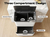 Cefito 63L Rubbish Bin 3 Compartment Carbon Steel Split Door Trash Can White RB-63L-3C-WH