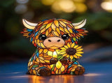 Sunflower Highland Cow Lamp, Stained Glass Table Lamp, Cute Highland Cow Night Light, Rustic V1192-AZ-W-33889