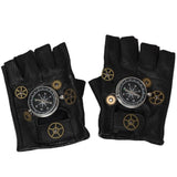 Steampunk Compass Half - Finger Gloves Pure Sheepskin with Gear Decor, Retro Mechanical Style, V1232-PKST002