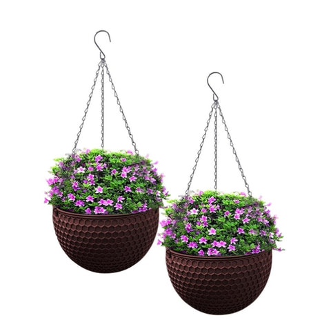 SOGA 2X Coffee Medium Hanging Resin Flower Pot Self Watering Basket Planter Outdoor Garden Decor HANGPOT12COFX2