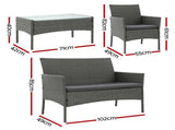 Gardeon 4-Piece Outdoor Sofa Set Rattan Furniture with Two Pillows Grey ODF-C-PATIO-17007-DR