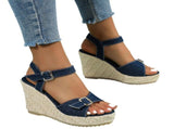Women Denim Blue Platform Thick Heeled Sandals Fashionable High Heels for Short Girls Denim Buckle V1192-AZ-W-33059