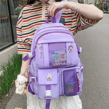 Kawaii Backpack with Bear Pendant, Aesthetic Canvas Students Schoolbag Shoulder Tote Bag Casual V1366-AZ2-W-03954