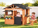 Keezi Kids Pretend Kitchen Wooden Cubby House Outdoor Playhouse Side Bench PLAY-WOOD-HOUSE-LW-AB