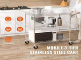Kitchen Utility Cart, 3 Tiers, Wire Rolling Cart with 300kg Capacity, Steel Service Cart on Wheels, V952-WGCFTCCB30X184GWTV0
