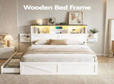 Artiss Queen Bed Frame with Storage Drawers White Platform Bedframe with Bookcase Headboard Charging WBED-F-LUMEX-Q-WH-ABC