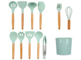 12Pcs/Set Cooking Utensil with Wooden Handle Silicone Cooking Tool for Home KitchenLight Green V1294-YM0710-3118210234512