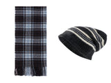 Black Blue Striped Wool-Blend Beanie & Plaid Fringed Scarf Set Soft Knit Hat and V888-ELOSUNG54008