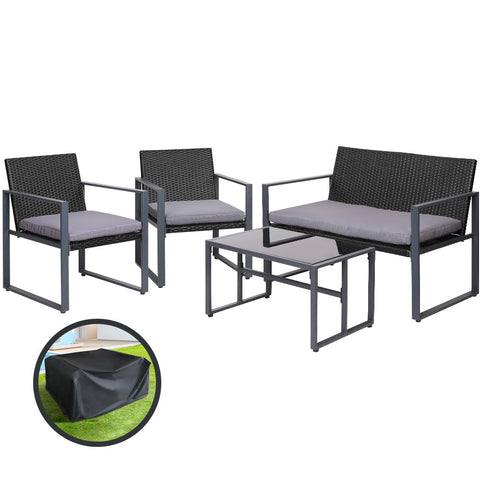 Gardeon 4 PCS Outdoor Sofa Set Rattan Furniture with Storage Cover Chairs Black ODF-4PCS-BST03-BK-AB-COVER