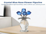 Crystal Blue Rose Flower Figurine with Faceted Vase, Decorative Crystal Rose Bouquet with Metal V1192-AZ-W-18351