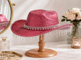 Pink Rhinestone Fringe Cowboy Hat - Sparkling Western Party Hat with Round Gemstone Band and Crystal V888-ELOSUNG57115-3