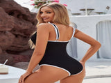 Women's Black One Piece Swimsuit with White Trim Adjustable Strap, Ribbed, High Cut for Sports & V1107-BLACK ONE PIECE SWIMSUIT-L