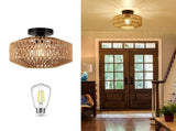 Boho Ceiling Light, Vintage Rattan Semi Flush Mount Ceiling Light Fixture, Hand Woven Chandelier for V1369-AZ3-W-10007