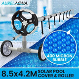 AURELAQUA Pool Cover Roller and 8.5x4.2m Solar Blanket 400 Micron, Blue/Blue V219-SWPCOMAURA7G84B