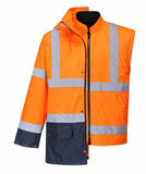 Portwest Hi-Vis Safety Workwear Waterproof Rain Jacket Coat 5-in-1 Two Tone - Orange/Navy V563-S766-ORG-NVY-M