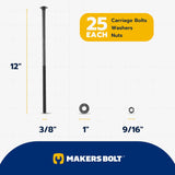 3/8" x 12" Black Carriage Bolt Kit, Grade 307A, Ceramic Coated for Exterior Use, 2X Rust V1258-DP02-F-78