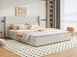 Veronica Bed Frame Double Size Winged Grey Linen Fabric Seam Grid Pattern with gas lift plywood V43-BED-VER-DGR