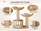 Large Cat Scratching Post Tree Tower with Baskets and Cubby Cave in Natural Wood & White, 60x40x99cm LSB-59360