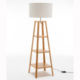 Eiffel 3 Tier Natural Wood Floor Lamp w/ Storage Shelves + Off White Linen Shade V563-75173