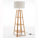 Eiffel 3 Tier Natural Wood Floor Lamp w/ Storage Shelves + Off White Linen Shade V563-75173