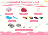 Keezi 102cm Wooden Pretend Kitchen Playset With Apron And Food Set1 Pink PLAY-WOOD-RANGHOOD-PK