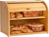 CARLA HOME Large Bamboo Bread Box Storage Organizer with Roll Top for Kitchen Counter V178-36186
