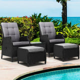 Gardeon 5PC Recliner Chairs Table Sun lounge Wicker Outdoor Furniture Adjustable Black ODF-RCL-RW-CHOTTB-5BK