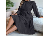 Women'S Long Sleeve Pleated Dress Casual Semi Formal Church Dress Mock Neck A Line Flowy Midi V1370-AZ4-10436